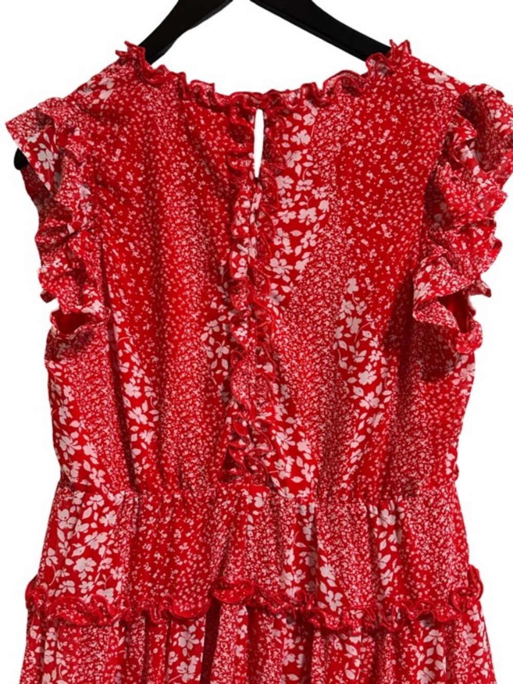 In Loom Red Floral V-Neck Tiered Ruffle Cap Sleeve Mini Dress - Size Large - Picture 8 of 12